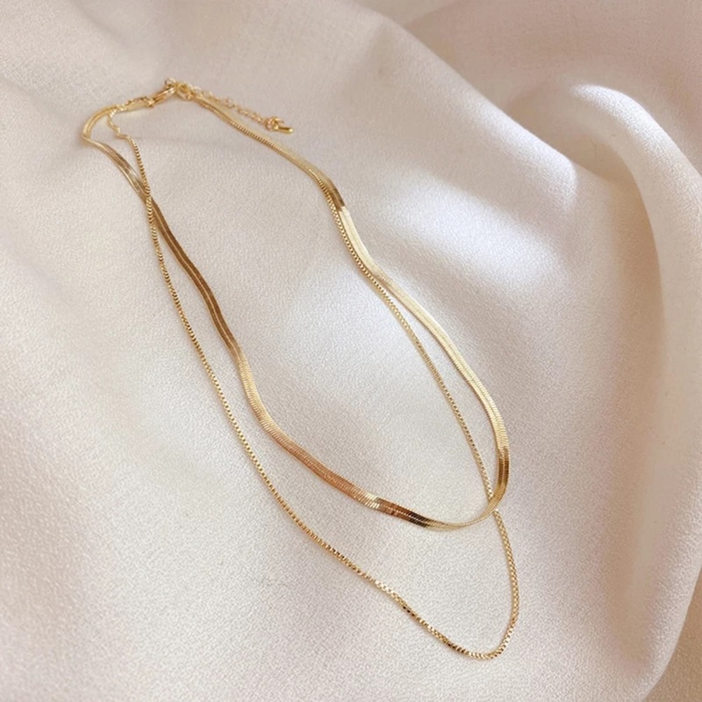 Herringbone Layered Snake and Box Chain Necklace - Picture 2 of 6